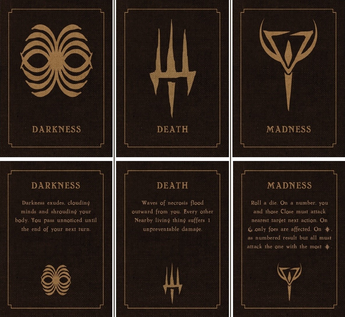 Some sigil cards, front and back